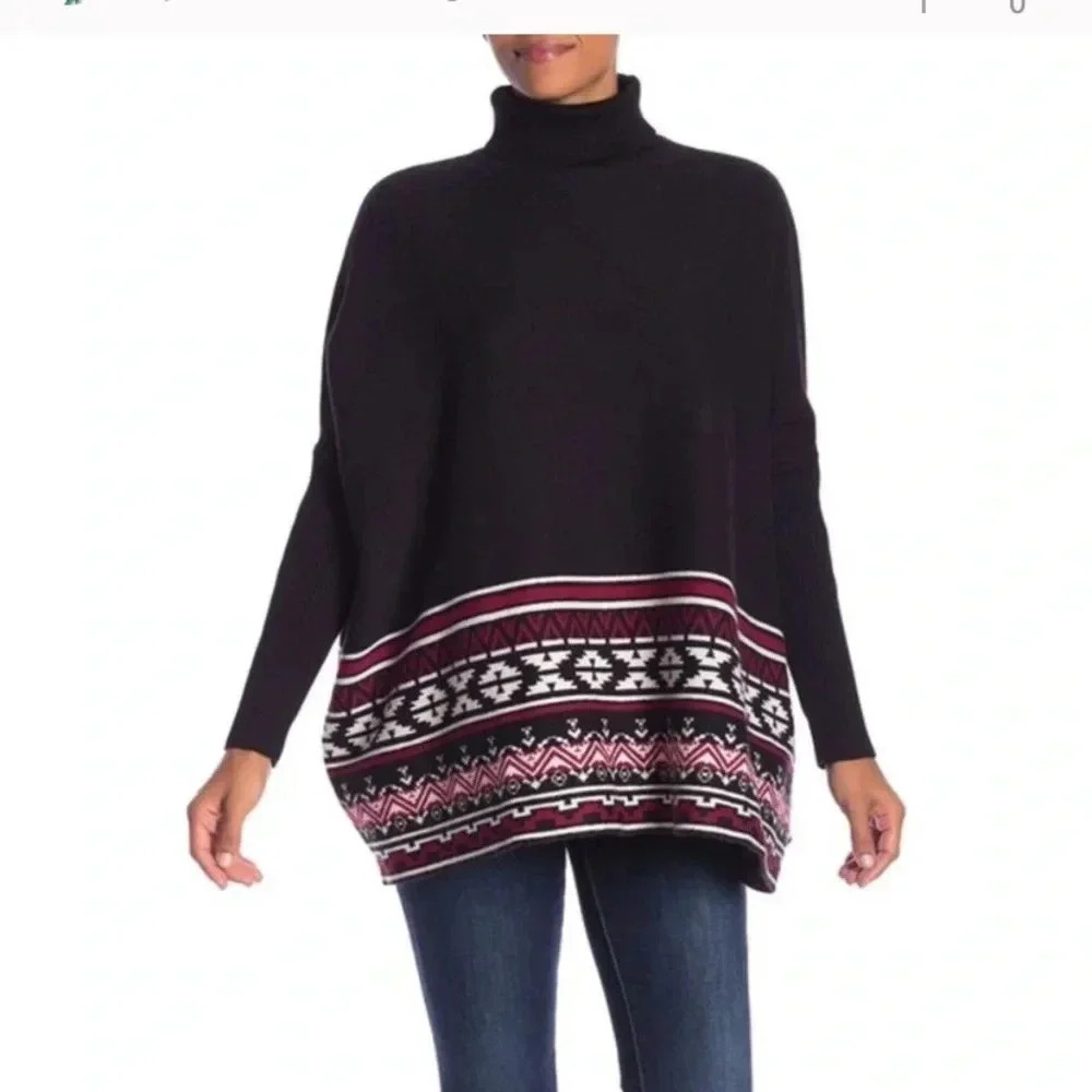 Joseph A Black Geometric Drop Shoulder Oversized Turtleneck Sweater NWT XS